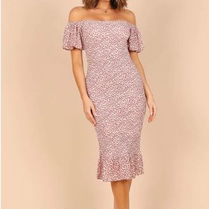 Petal and Pup Claire Shirred Bodycon Off Shoulder Midi Dress